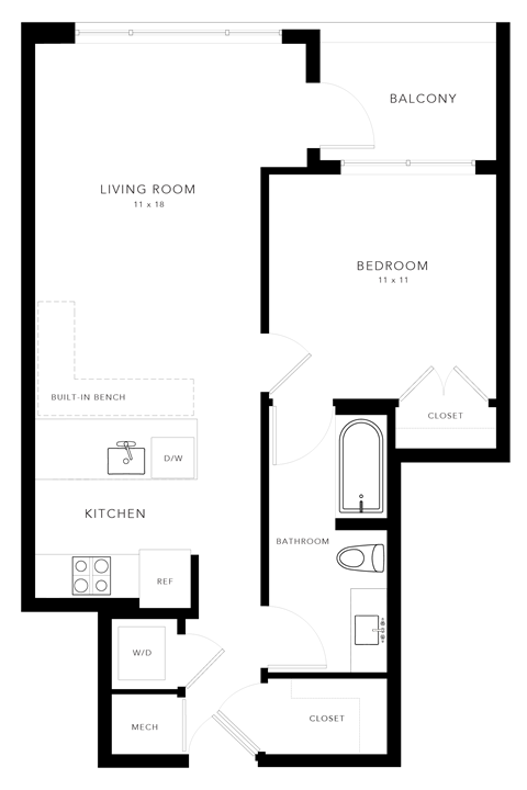 Floor plan for 1 bed, 1 bath, 630 sqft
